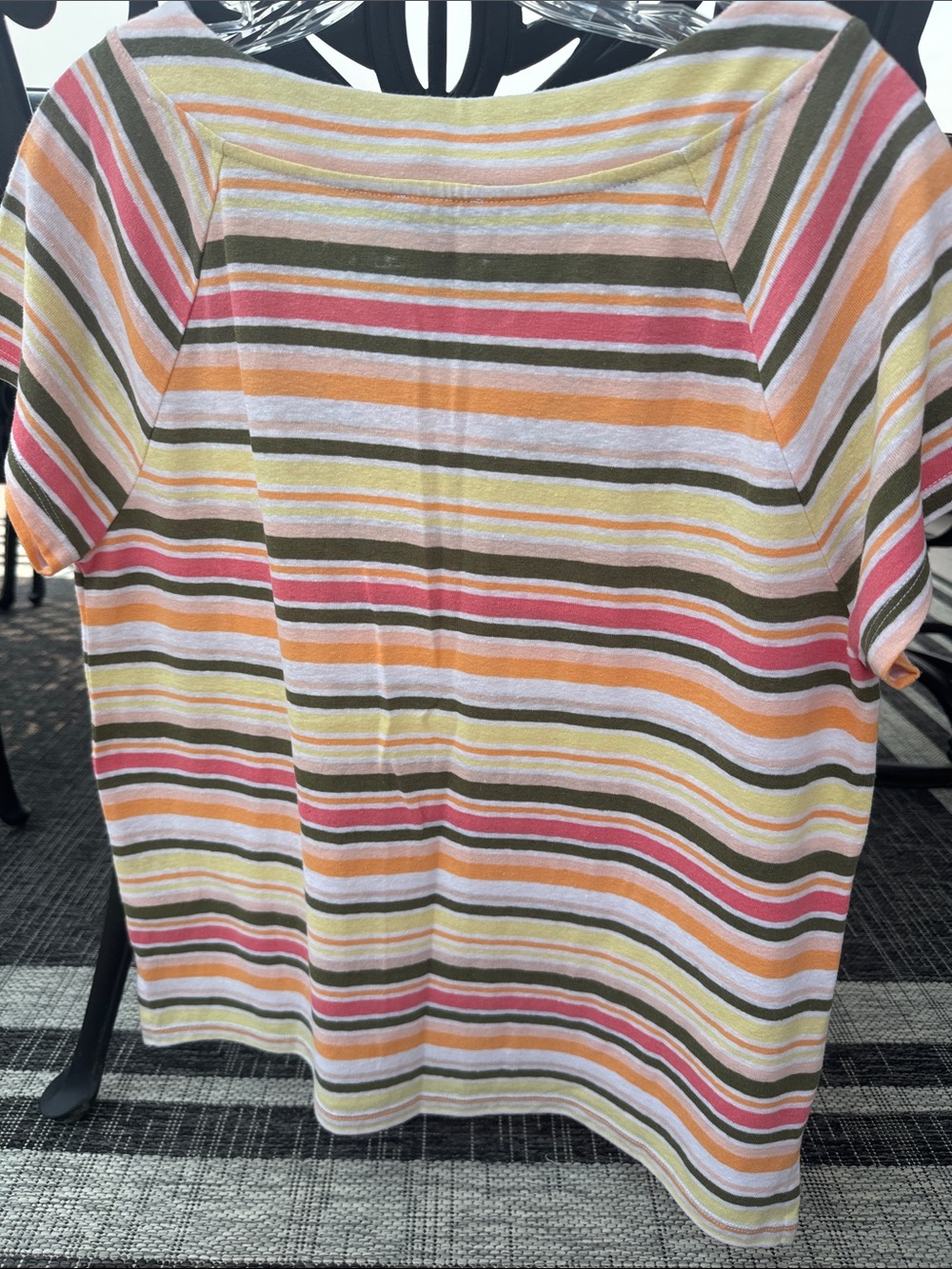 Talbots Striped V-Neck Short Sleeve Top in Pink, Orange, Yellow and Olive - Picture 4 of 4